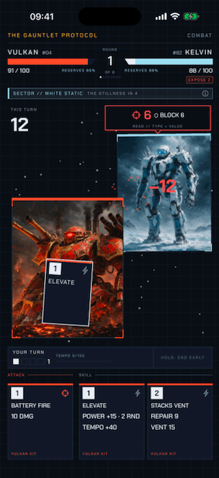 GIF: VULKAN's cards fly at KELVIN in White Static