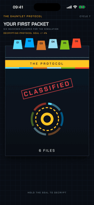 GIF: the Protocol's seal breaks and the dossier files fly out