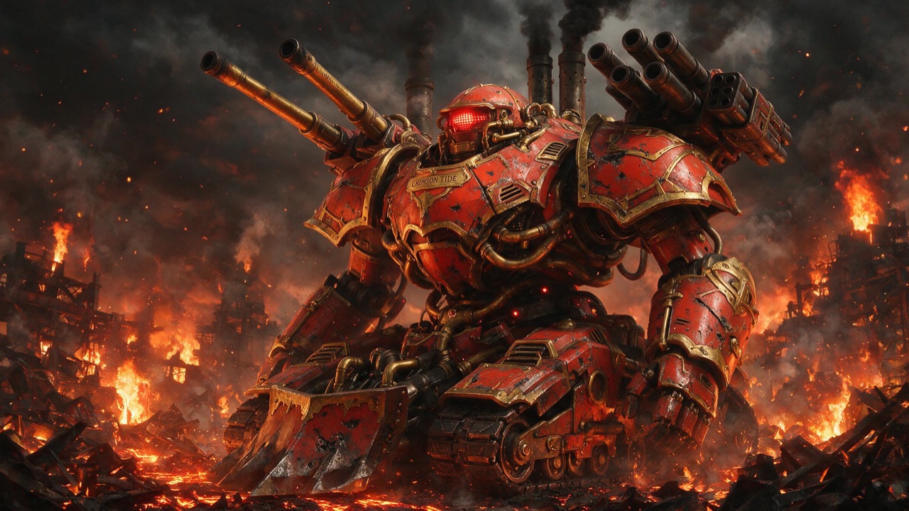 VULKAN, a crimson siege machine, in a burning foundry